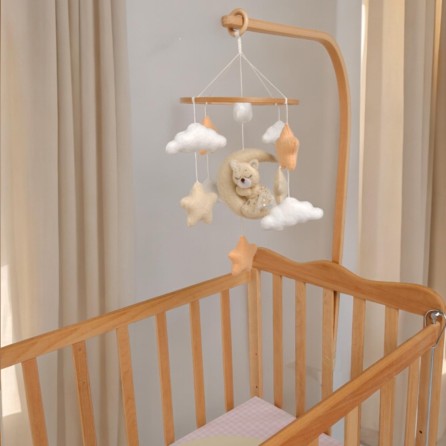 Crib Mobile for Girls, Sleeping Princess Bear Baby Mobile for Crib, Handmade Felt Crib Mobile, Baby Crib Mobile with Cloud and Stars, Nursery Baby Mobile for Bassinet (Cinnamon)