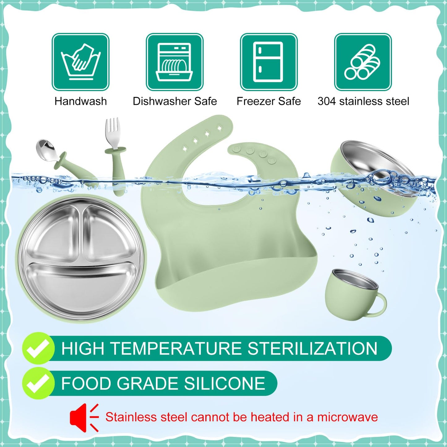 Nuogo 6 Pcs 304 Stainless Steel Kids Plates and Bowls Set Stainless Steel Suction Bowls and Toddler Cup with Removable Silicone, Forks Spoons Pocket Bib for Baby Toddle(Pink,Round)