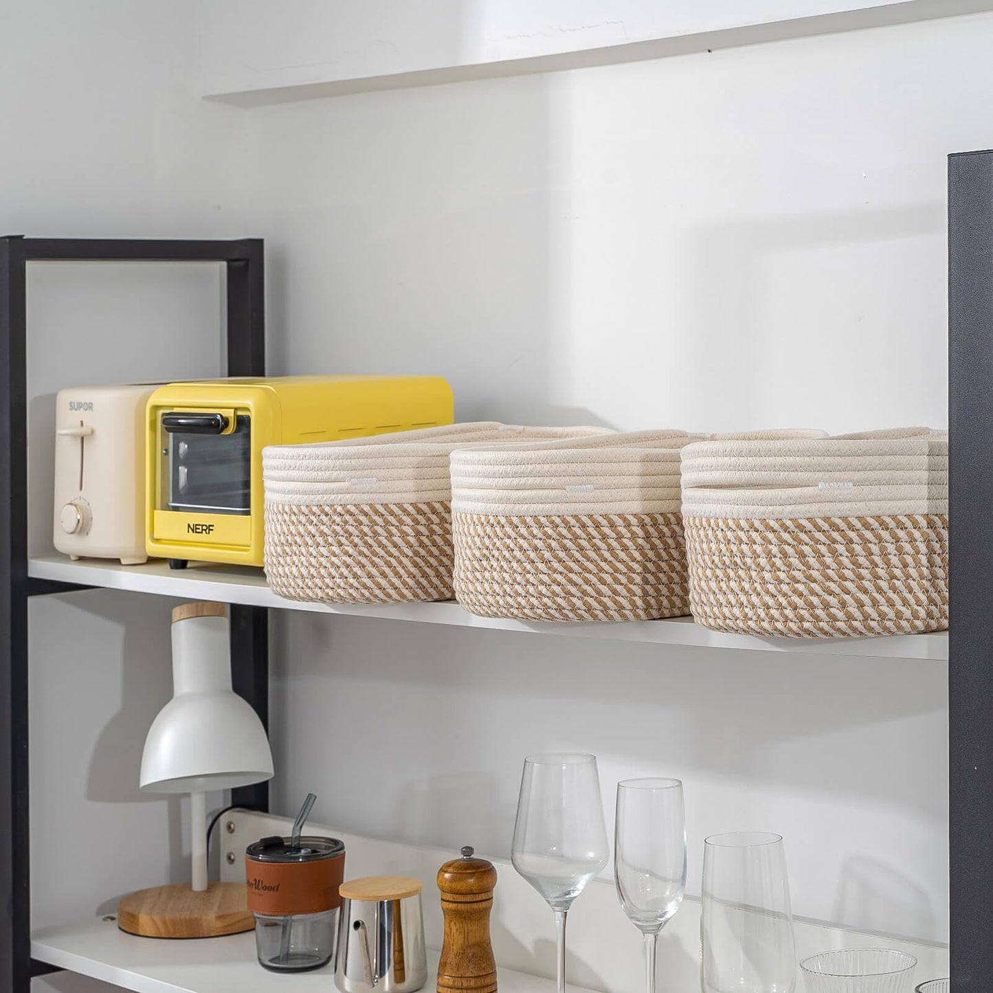 CubesLand Off White Small Storage Baskets for Shelves, Closet Organization Storage Bins Empty Gift Basket Baby Nursery Woven Baskets for Organizing, Rectangular Clothes Closet Shelves Baskets 3 Packs