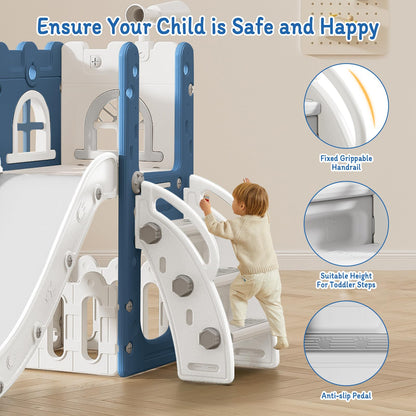 6 in 1 Toddler Slide for Toddler Age 1-3,Kids Climber Slider for Indoor Outdoor Playground with Basketball Hoop,Storage and Telescope,L Shaped Slide for Toddler Climber Playset