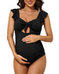 Charmo Ruffle Maternity Bathing Suits for Women Ribbed Tie Knot Maternity Swimsuit Cutout Ruched Pregnancy Swimwear