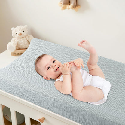 Bearmoss Changing Pad Cover, 2 Pack Muslin [100% Cotton] Diaper Changing Table Covers, 32'' x 16'' Soft Breathable Changing Pad Sheets for Unisex Baby Girls and Boys with Strap Holes (Bluemoon)
