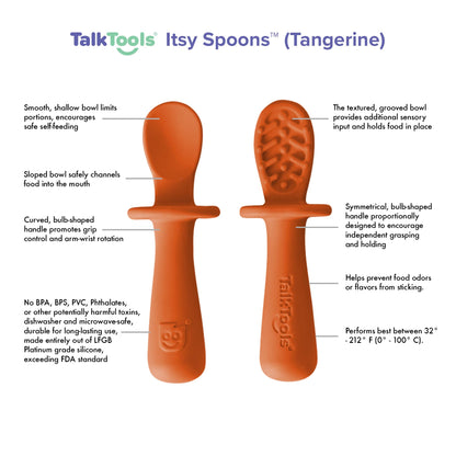 TalkTools ITSY Tiny Silicone Spoons – Twin Pack Soft Silicone Self-Feeding Training Spoons for Kids & Toddlers, Anti-Choking Flange Guard and Non-Slip Handle (Ocean)