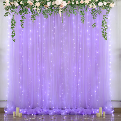 White Tulle Backdrop Curtain with Lights String for Parites 10×8ft Sheer Backdrop Curtains White Curtain Backdrop for Wedding Baby Shower Birthday Party Photo Shoot Decorations(2 Panels 10ft×8ft)