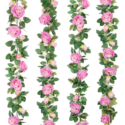 TELDRASSIL 4Pcs(26 FT) Artificial Rose Vine Fake Flower Garland Fake Silk Rose Hanging Vine for Wedding Party Background Arch Garden Background Decoration (Pink)