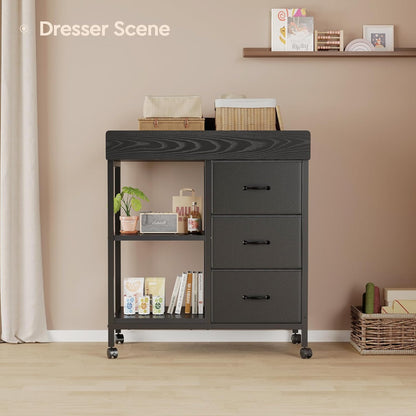 Changing Table Dresser, Baby Dresser with 3 Drawers and 2 Shelves, Multi-Functional Baby Changing Table with Pad, Classic Nursery Dresser, Diaper Changing Station for Children's Room, Black