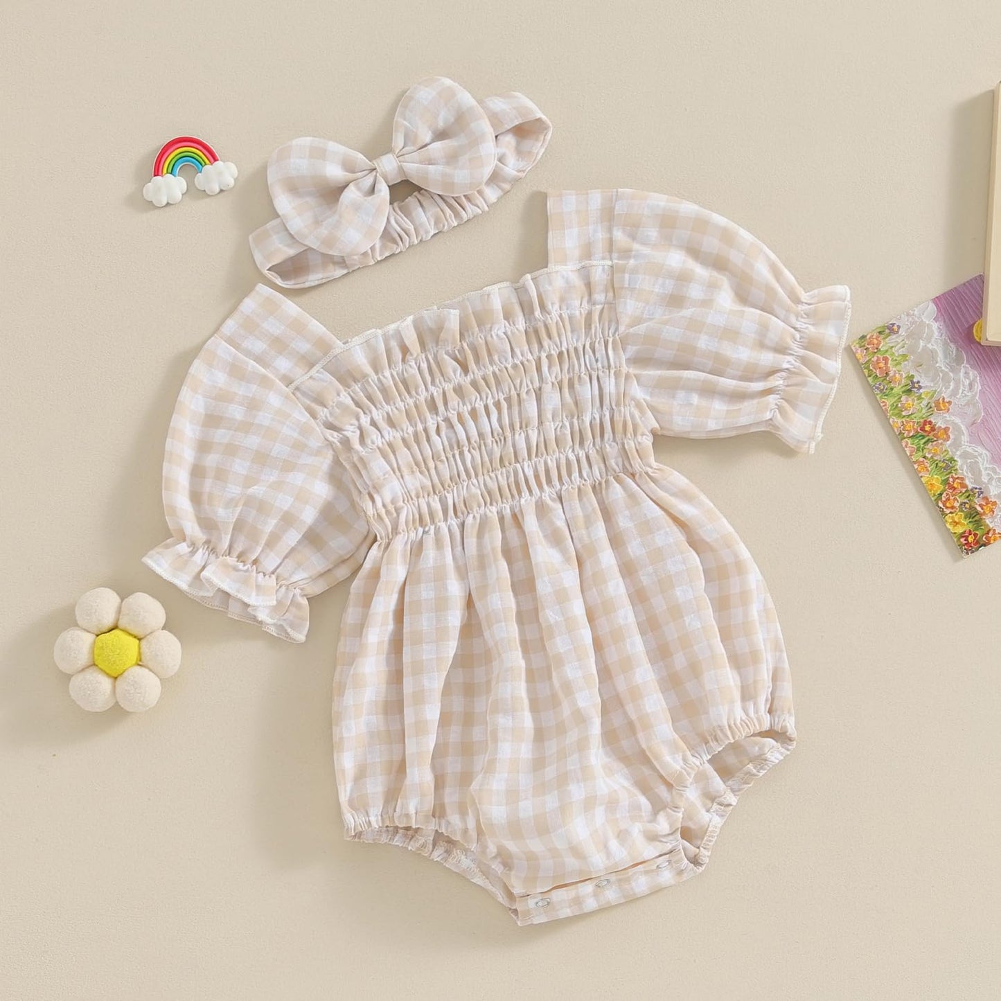 Infant Baby Girls Romper Ruffle Sleeve Pleated Smocked Bubble Plaid One Piece Ruched Jumpsuit Summer Bodysuit