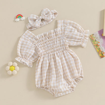 Infant Baby Girls Romper Ruffle Sleeve Pleated Smocked Bubble Plaid One Piece Ruched Jumpsuit Summer Bodysuit