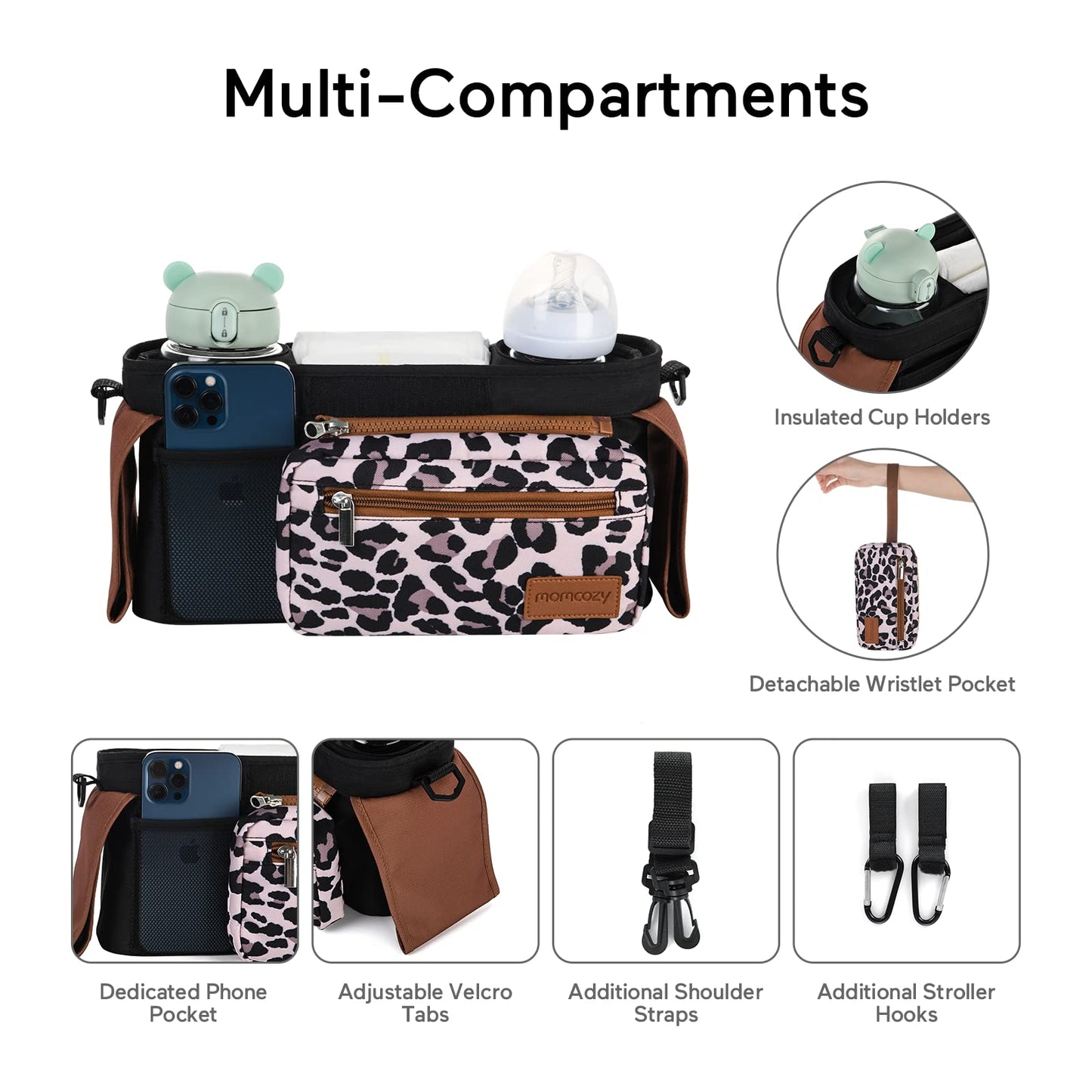 Momcozy Universal Stroller Organizer, 2 Insulated Cup Holders, Removable Zip Pocket, Adjustable Straps, Large Capacity Baby Essentials Compact Design, Fits Any Stroller (Multicolor)