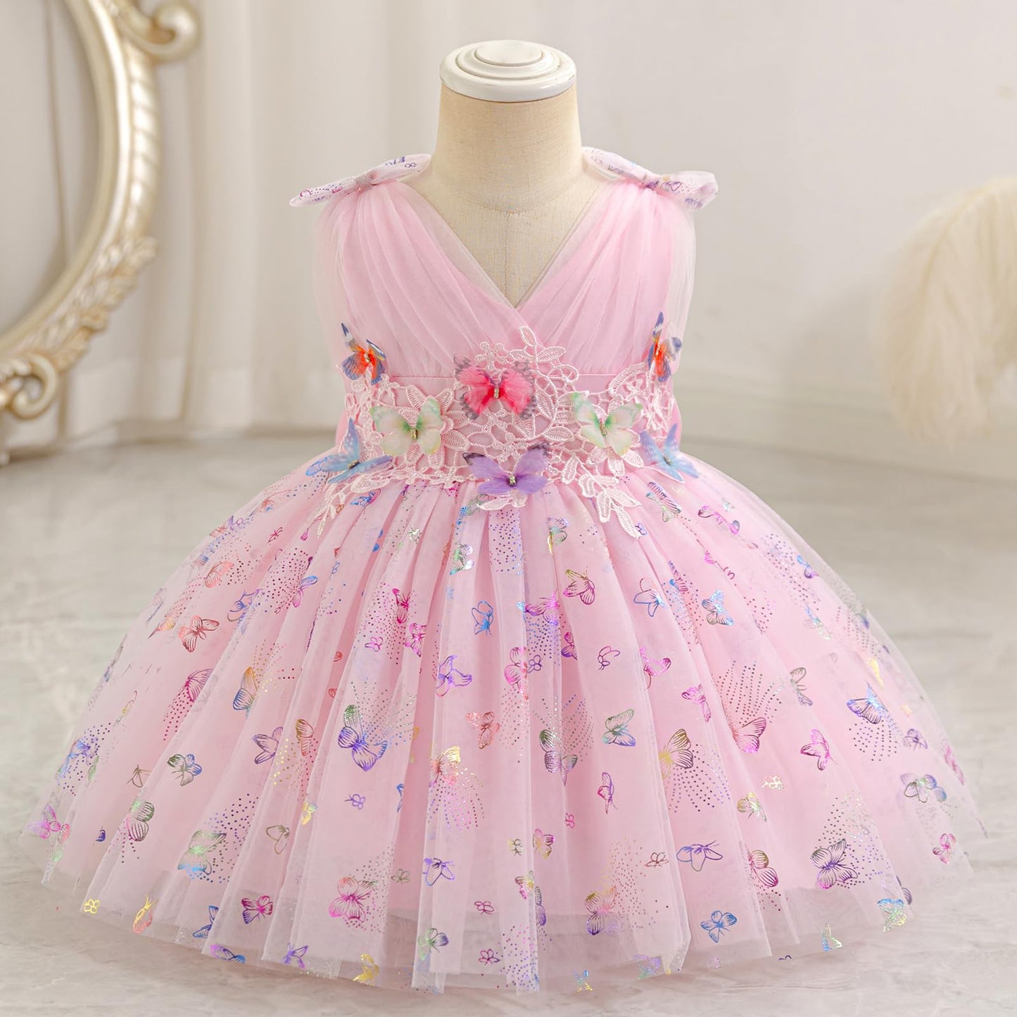 IDOPIP Toddler Baby Girls Shiny Butterfly Tutu Dress Princess Birthday Party Pageant Flower Girl Wedding V-Backless Dresses