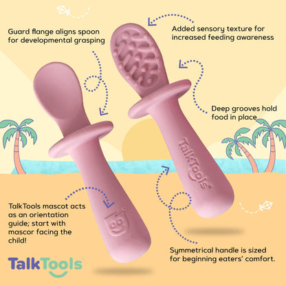 TalkTools ITSY Baby Utensil Set – Silicone Training Cup, Plate and Twin Spoon Pack for Toddlers| Infant First Food Self Feeding Silicone Training Set (Bubblegum)