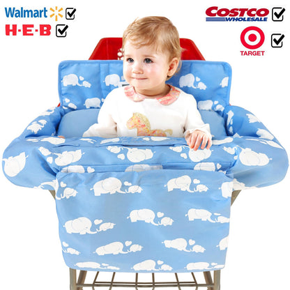 Soft Pillow Attached 2-in-1 Shopping Cart and High Chair Cover for Baby, Cotton Padded Cart Cover, Fold'n Roll Style, Portable with Carry Bag (Blue Elephant)