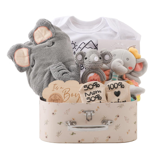 Bopoobo Baby Shower Gifts for Boys - New Born Gifts, Unique Essentials: Onesie, Blanket, Rattle, Lovey, Socks, Decision Coins, Milestone
