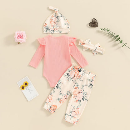 Hello World Newborn Outfit Baby Girl Going Home Outfit Ruffle Ribbed Romper Top Floral Pants Set Cute Summer Clothes