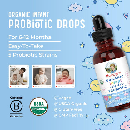 MaryRuth Organics USDA Organic Infant Liquid Probiotic Drops | Baby Essentials | Probiotics for Infants | Baby Probiotic Drops | Proprietary Probiotic Blend | Vegan | Non GMO | 125 Servings