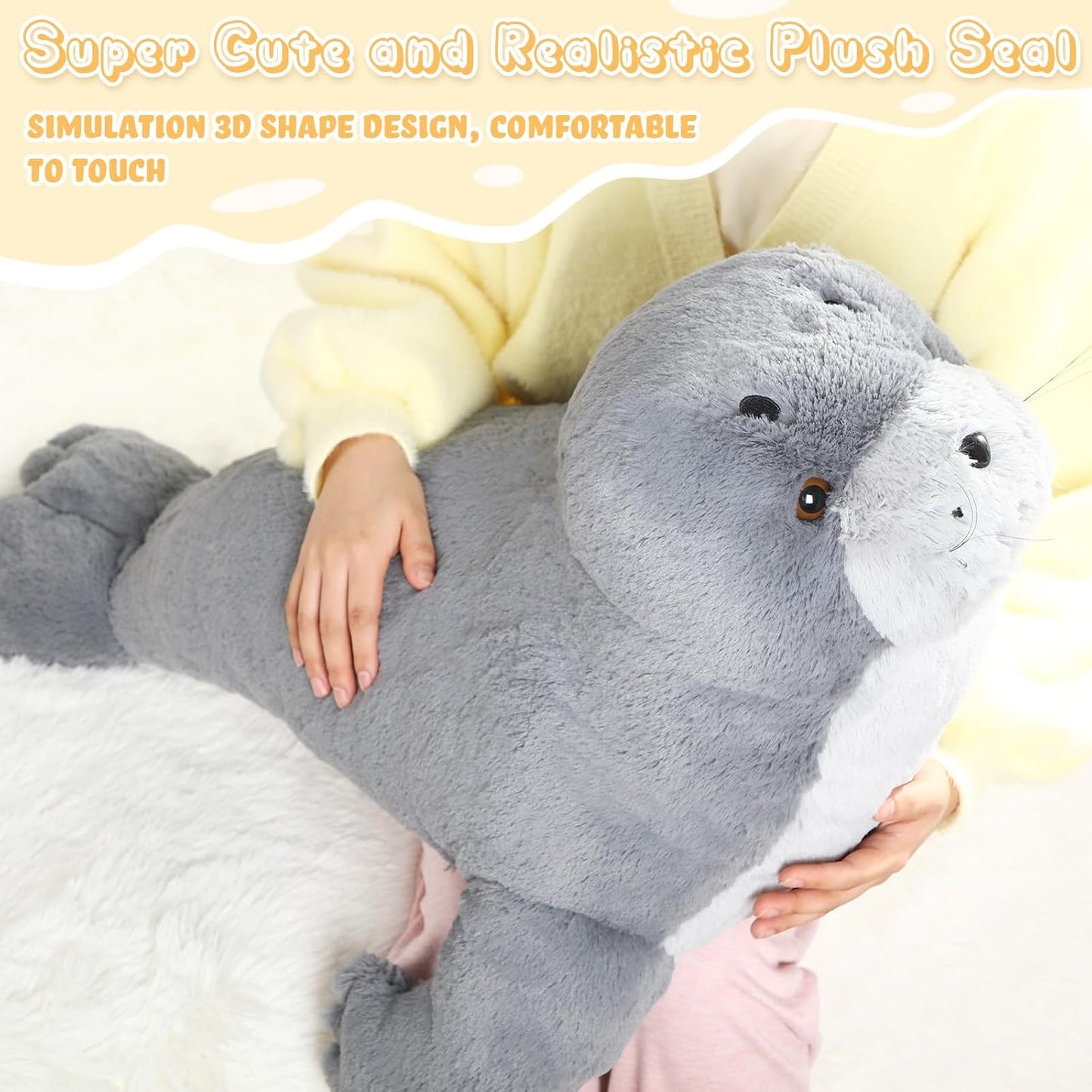 Poen 39 Inch Giant Seal Plush Stuffed Animal Large Fat Soft Cuddly Grey Cute Hug Seal Plush Toy Adorable Big Pillow Gift for Kids Sleeping Companion Birthday Ocean Animals Decor