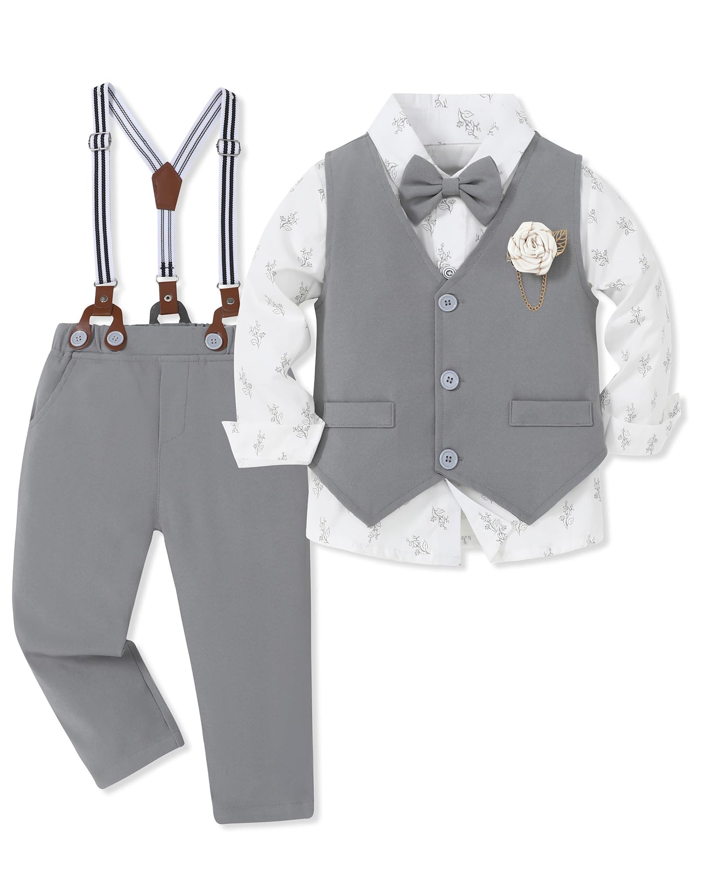 WESIDOM Toddler Boy Clothes Suit Formal Dress Shirt+Bowtie+Vest+Boutonniere+Suspender Pants Boys Gentleman Outfits Set