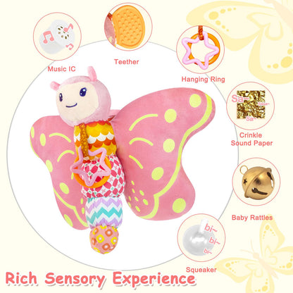 Baby Toys 0-6 Months,Infant Musical Sensory Stuffed Animal with Squeaker,Rattle,Crinkle Wings,Teether & Hanging Ring,Tummy Time Toy for Newborn 0-3-6-12 Months Boys & Girls Gift,Butterfly,Blue