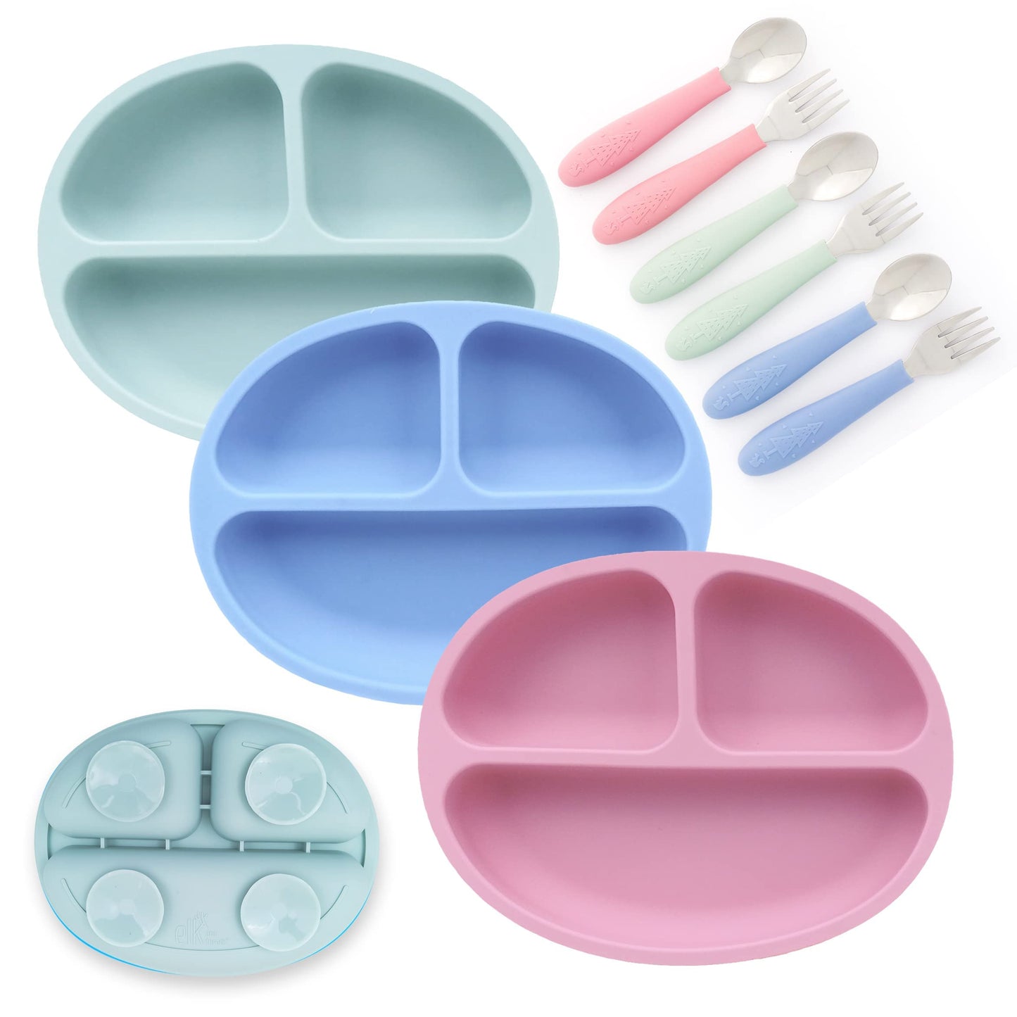 Elk and Friends Silicone Suction Plate for Babies/Toddlers + Stainless Steel Silverware Feeding Set | Divided Plate | Suction Design | Forks + Spoons Included | 3 Pack