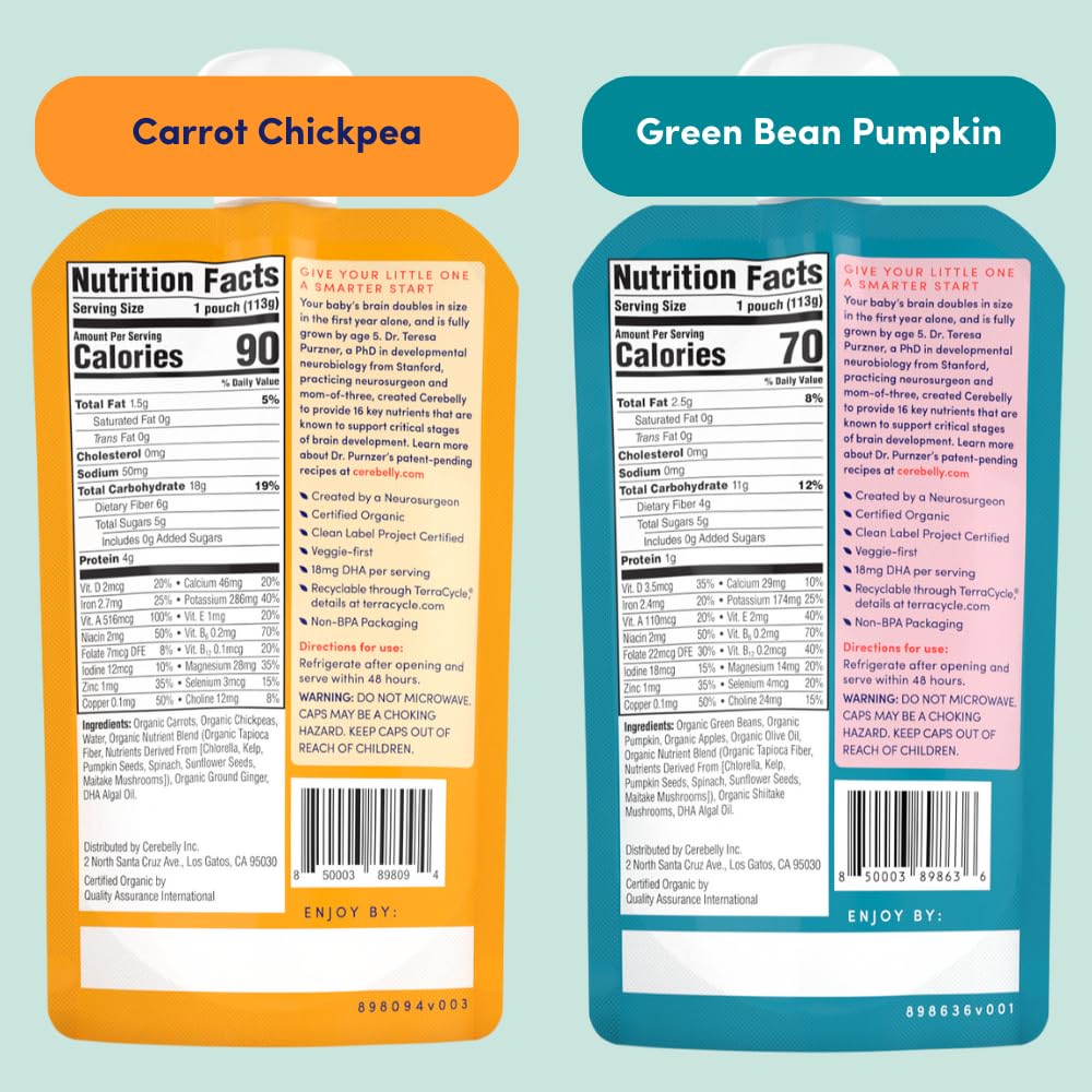 Cerebelly Organic Baby Food Pouches Variety Pack – Organic Veggie Purees for Toddlers | No Added Sugar, Fiber, Non-GMO | Blended Toddler Pouches | 4 Ounce BPA-Free Pouch | 4 Flavors | 8 Count