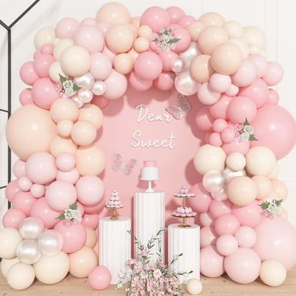Ouddy Life 157 Pcs Boho Dusty Pink Balloons Arch Garland Kit, Blush Neutral Pink Sand White Metallic Gold Different Size Balloon for Girls Baby Shower Birthday Wedding Gender Reveal Party Decorations