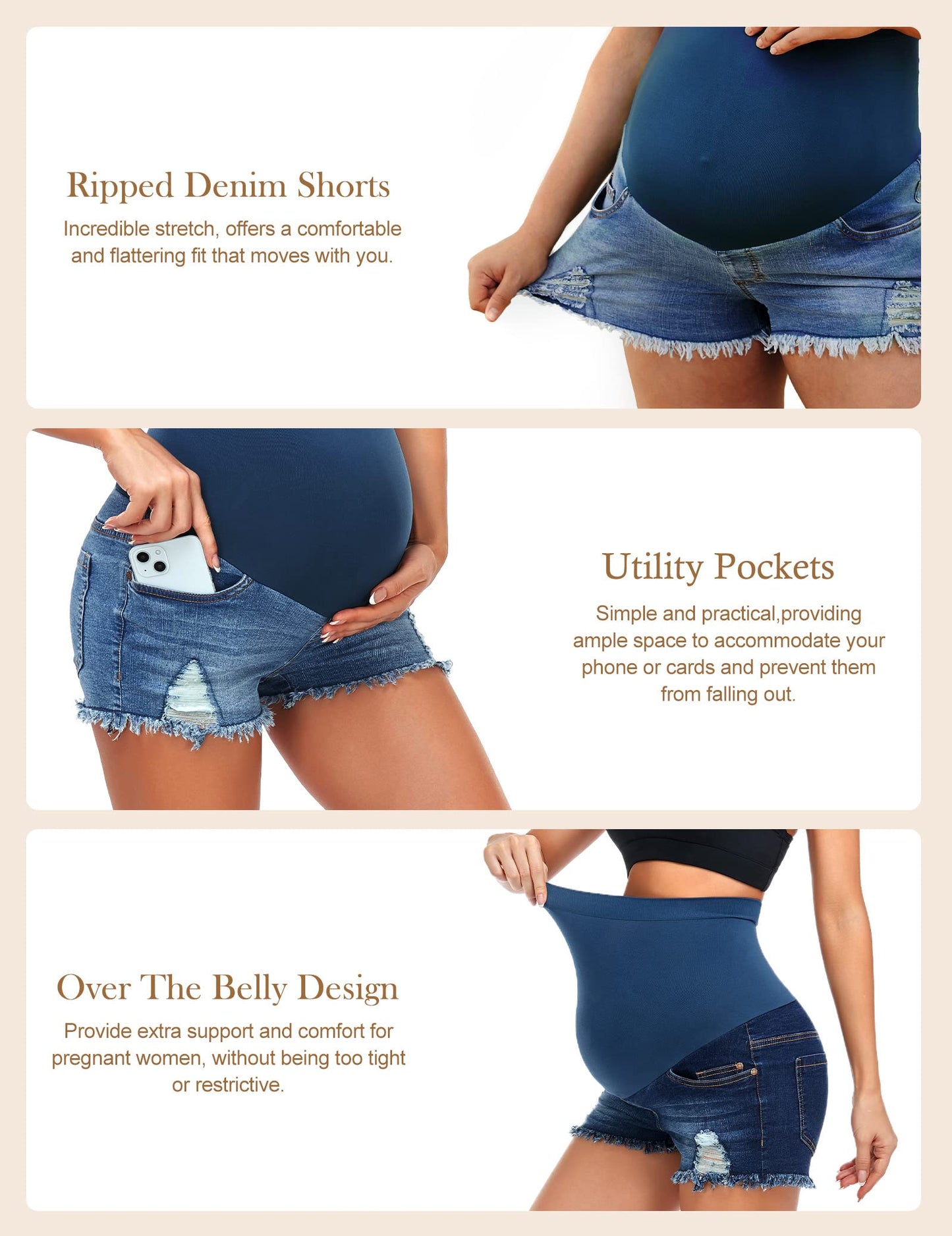 HOFISH Women's Maternity Jeans Shorts Over The Belly Stretchy Comfy Denim Shorts Pants Casual Workout Pregnancy Shorts