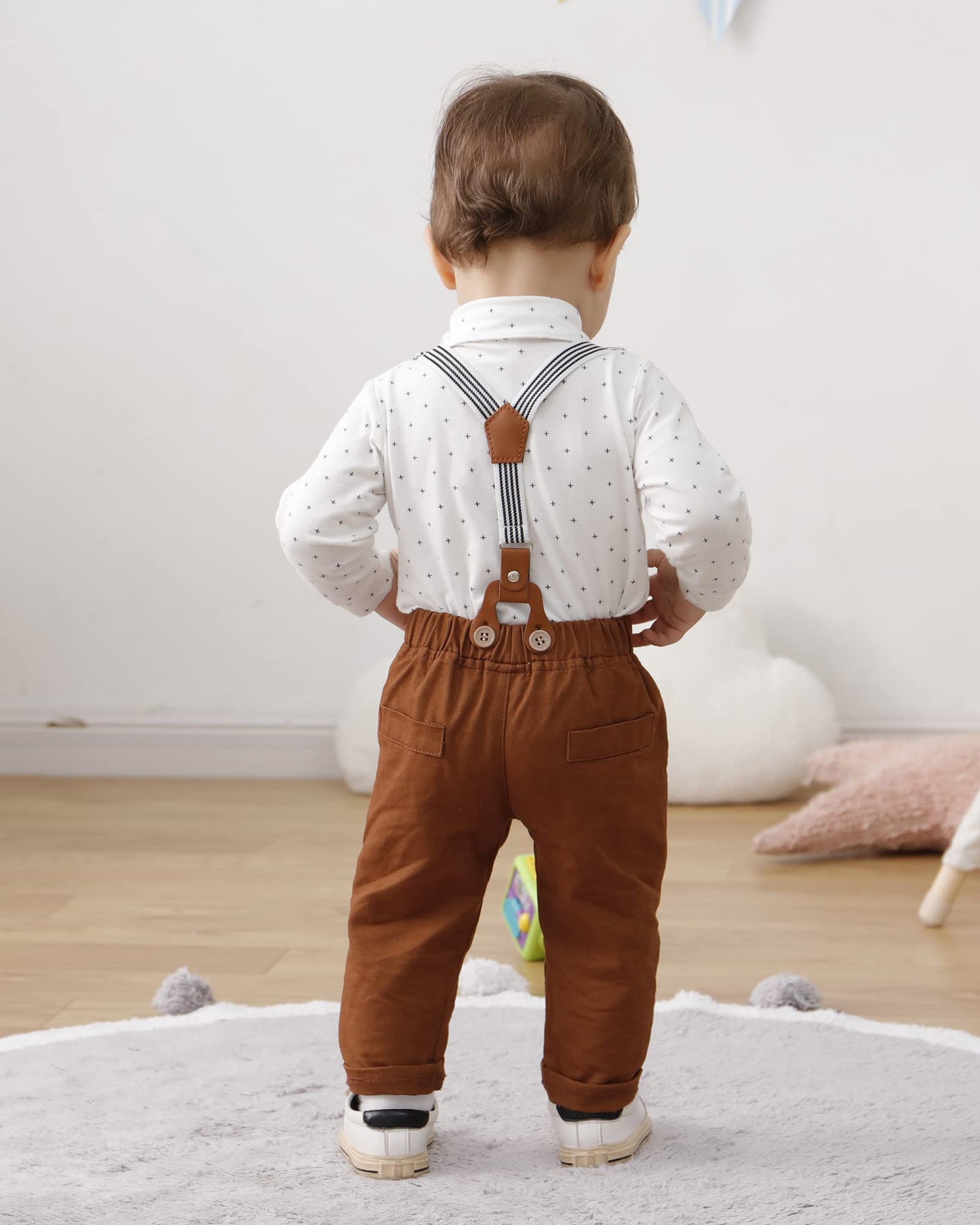 ZOEREA Baby Boy Suit 0-24M Gentleman Outfit Clothes Set Infant Long Sleeve Dress Shirt+Suspender Pants+Bowtie+Beret Hat