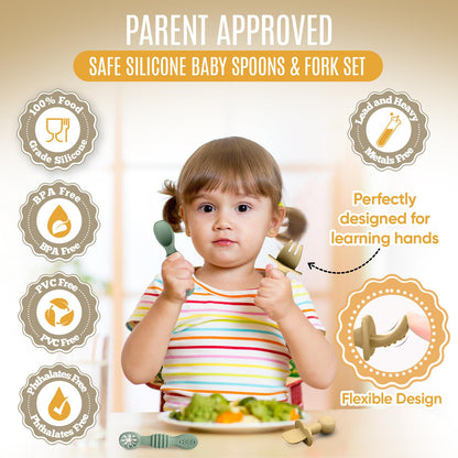 4pc Silicone Baby Spoons Self Feeding Baby Utensils 6-12 Months - 3 Baby Spoon - 1 Baby Fork - Toddler Cutlery Set - BPA Free, Dishwasher Safe, Baby Eating Essentials (Light pink/Army Green)
