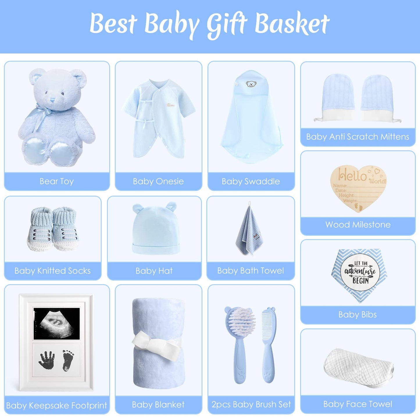 Baby Gift Set for Newborn, New Baby Boy Gift Basket, Newborn Essentials Hat Onesie Bear Toys Keepsake Blanket Infant Diaper Changing Pad Bibs, Baby Shower Gifts for Boys