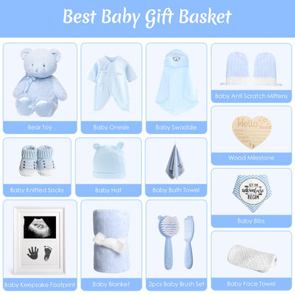 Baby Gift Set for Newborn, New Baby Boy Gift Basket, Newborn Essentials Hat Onesie Bear Toys Keepsake Blanket Infant Diaper Changing Pad Bibs, Baby Shower Gifts for Boys