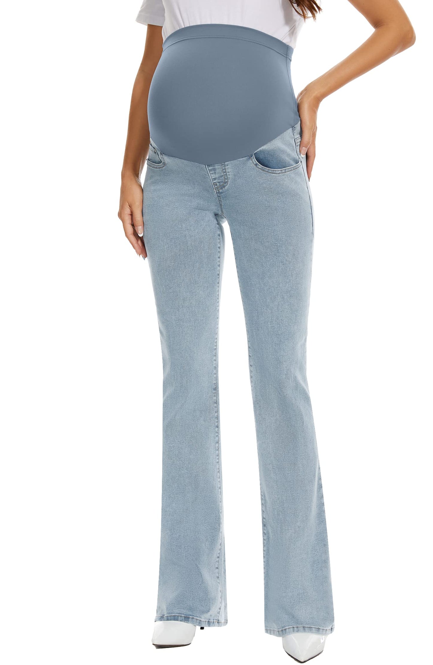 GLAMIX Women's Stretch Maternity Bootcut Jeans with Pockets Over The Belly Bell Bottoms Flare Denim Pants Pregnancy Clothes
