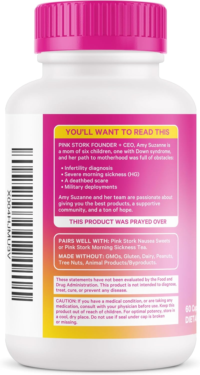 Pink Stork Vitamin B6, Ginger, Electrolyte Capsule - Natural Digestive Support with Peppermint, Potassium, Magnesium - Gentle on The Stomach - Pregnancy, + Motion Sickness Must Haves - 60ct