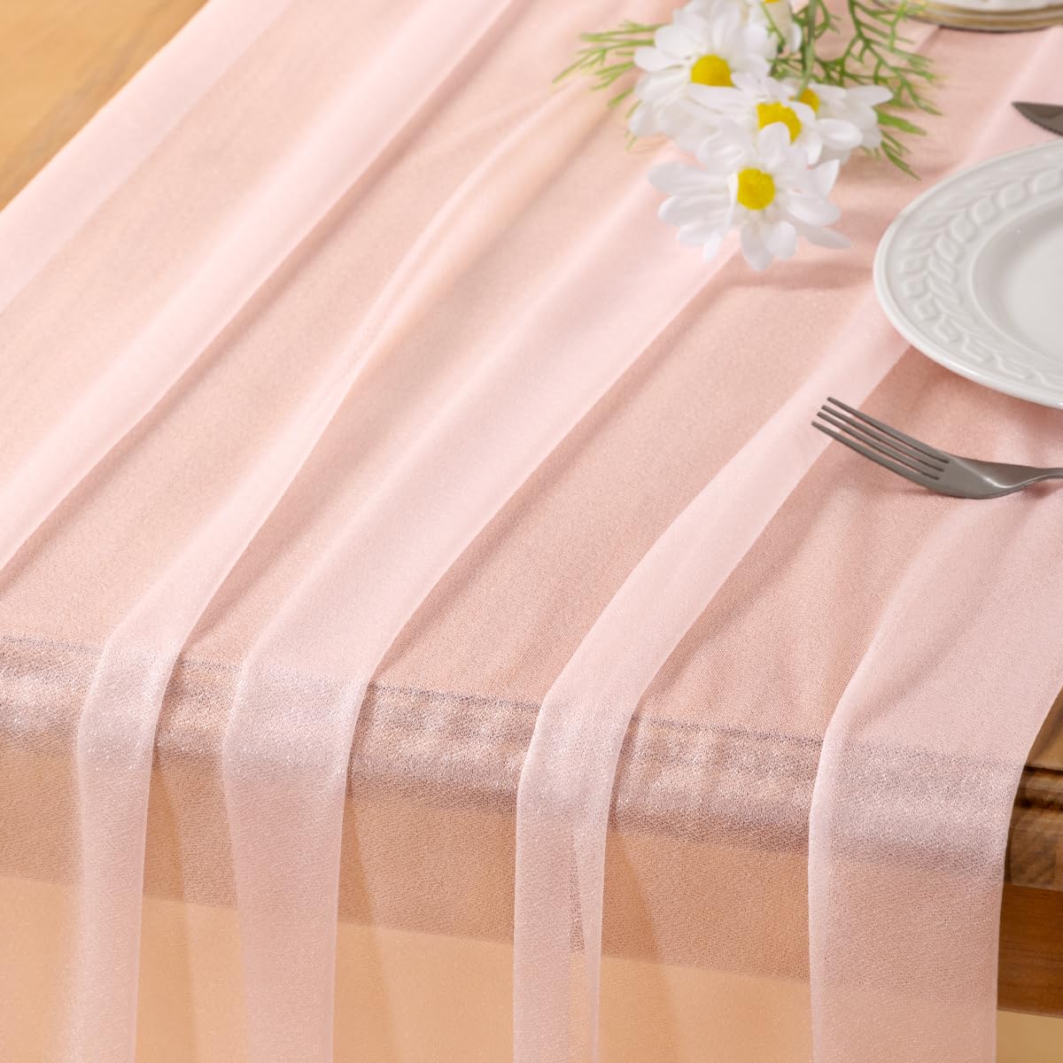 Socomi Blush Pink Gauze Table Runner Chiffon Like Wedding Table Runner 120 inches Long Boho Rustic for Bridal Shower Decorations Baby Shower