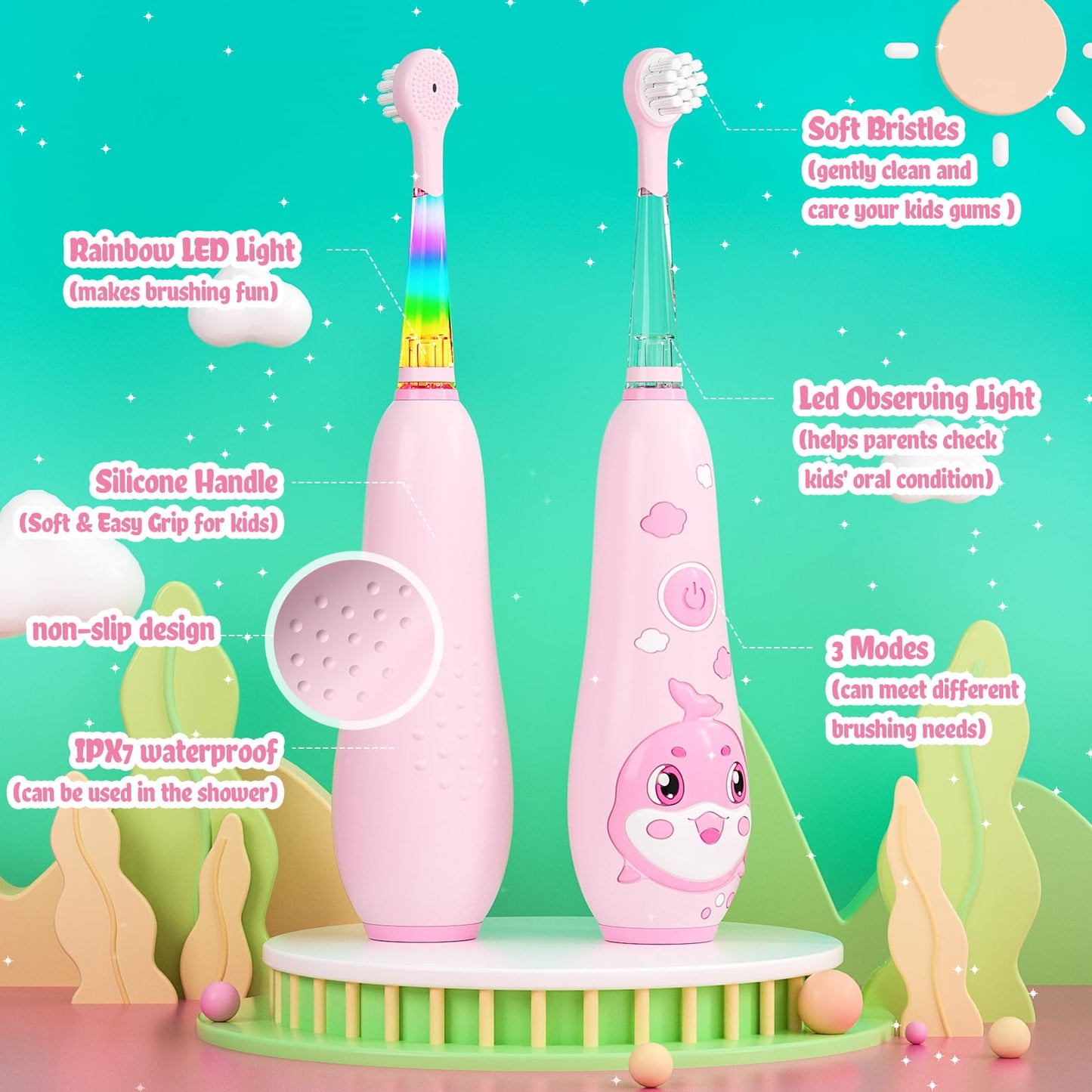 SEAGO Kids Electric Toothbrushes Rechargeable, Toddler Electric Toothbrush with Magnetic Charging, LED Observing Light, 8 Toothbrush Heads for Ages 2-4-6 Boys Girls (Pink)
