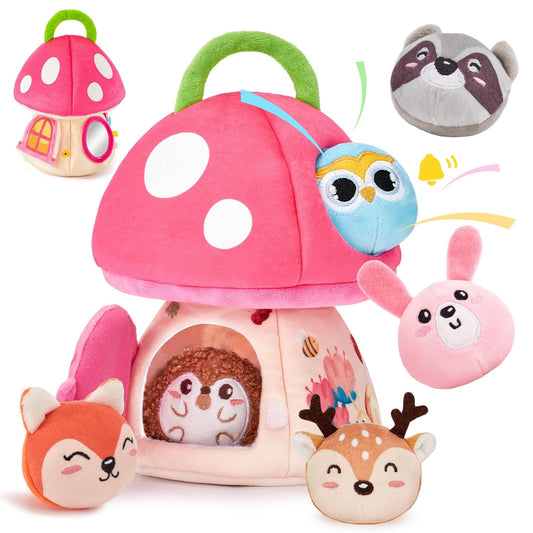 hahaland Baby Girl Toys 6-12 Months - My First Mushroom House with Stuffed Jungle Animals, Rattle, Crinkle Paper, Mirror - Developmental Sensory Montessori Toys for Toddlers 1 Year Old Girl Gifts