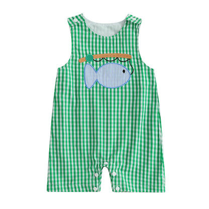 Baby Boy Summer Clothes Sleeveless Embroidery Dinosaur Striped Retro Romper Jumpsuit Smocked Shortall