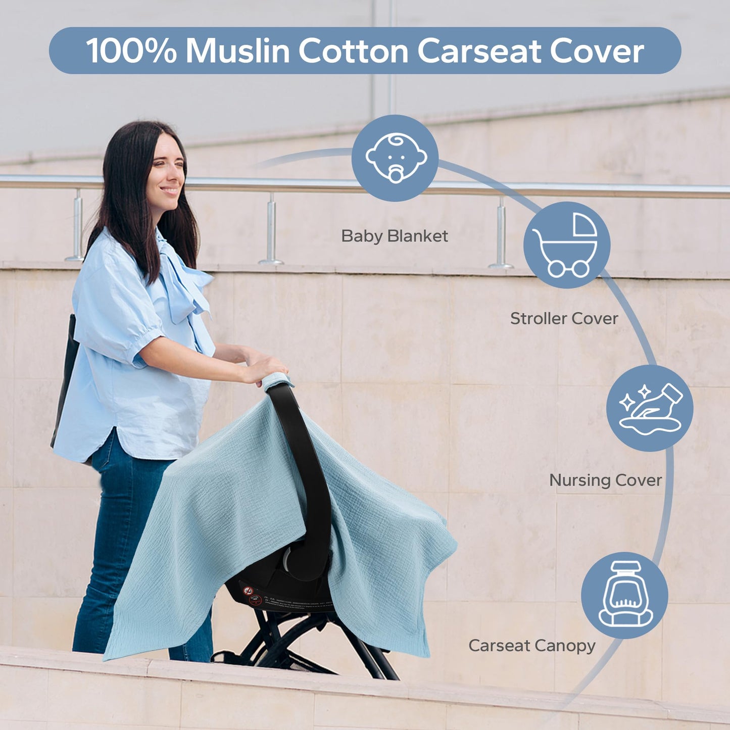 SERAPHY 100% Muslin Cotton Car Seat Covers for Babies, Universal Baby Car Seat Cover, Breathable Muslin Carseat Cover Canopies for Boys and Girls, Soft Infant Car Seat Cover for Summer — Rabbits