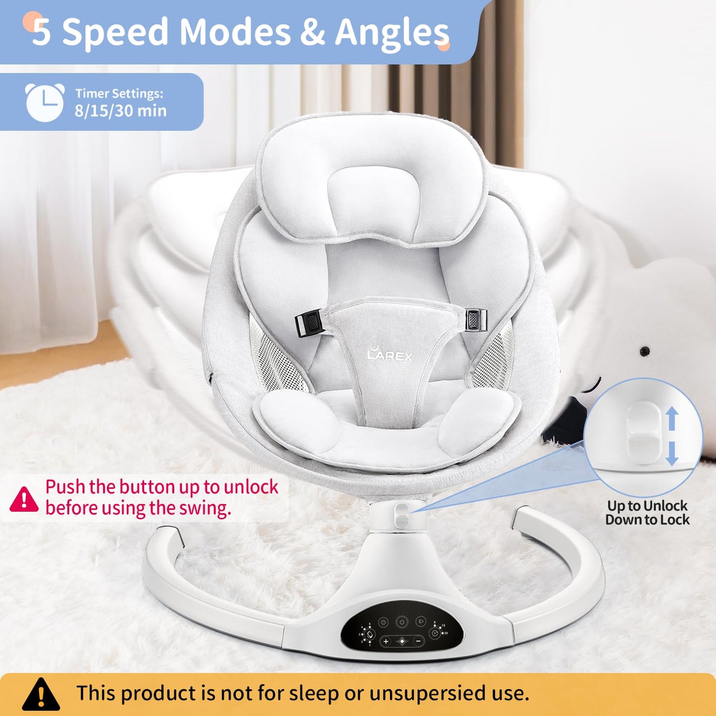 LAREX Baby Swing Infant Swing Electric Toddler Baby Rocker Portable for Newborn Boy Girl, 5 Sway Speeds with Remote Control, 10 Preset Melodies and Bluetooth, 0-6 Months Max 20 Lbs (Pink)