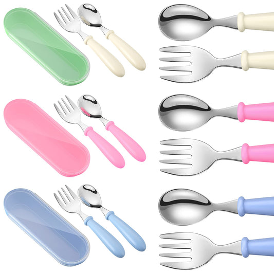 9 Pieces Toddler Utensils Stainless Steel Fork and Spoon Safe Baby Silverware Set, Kid Safe Utensils Children's Flatware Kids Cutlery Set with Round Handle for LunchBox (Blue, Green, Pink)