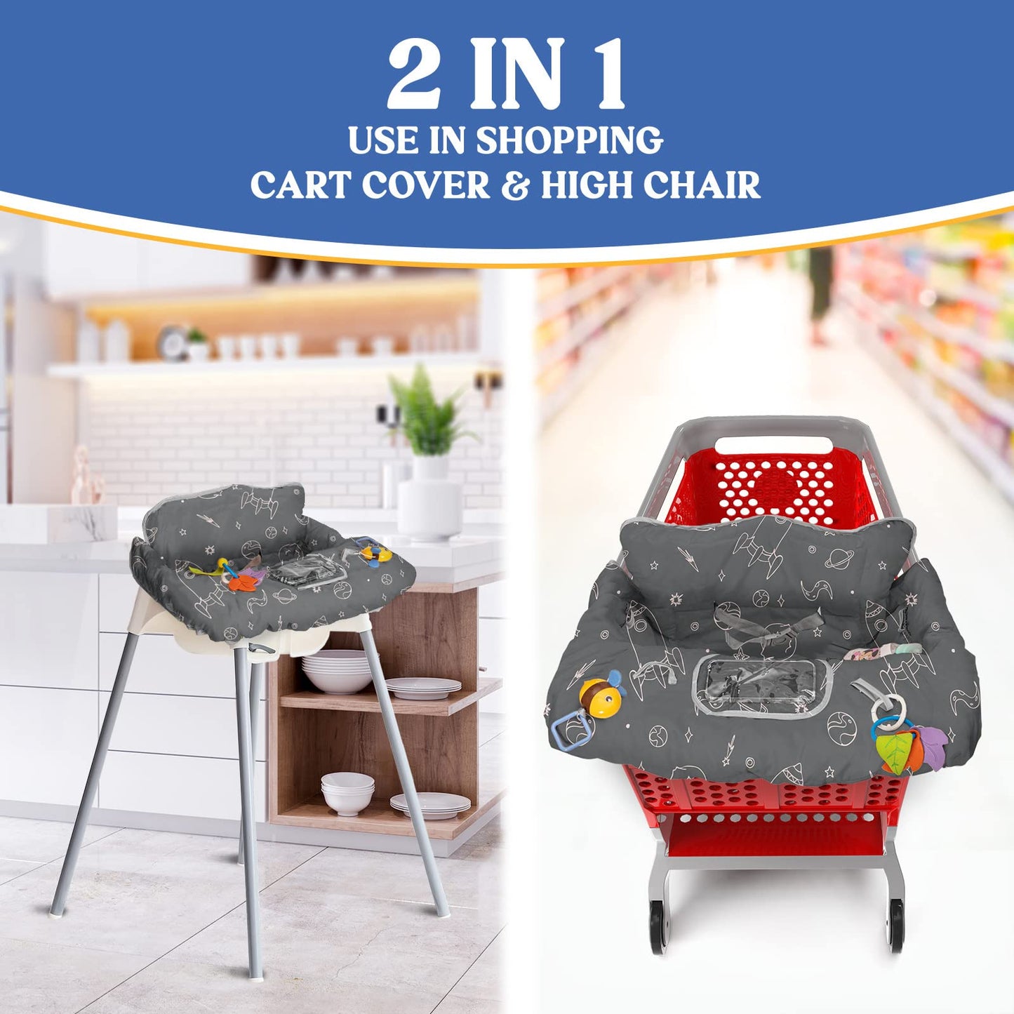 Shopping Cart Cover for Baby PILLANI, High Chair Cover for Restaurant Seat, Grocery Cart Cover for Baby Girl and Boy, Cotton Buggy Covers for Babies, Toddler Shopping Cart Cover