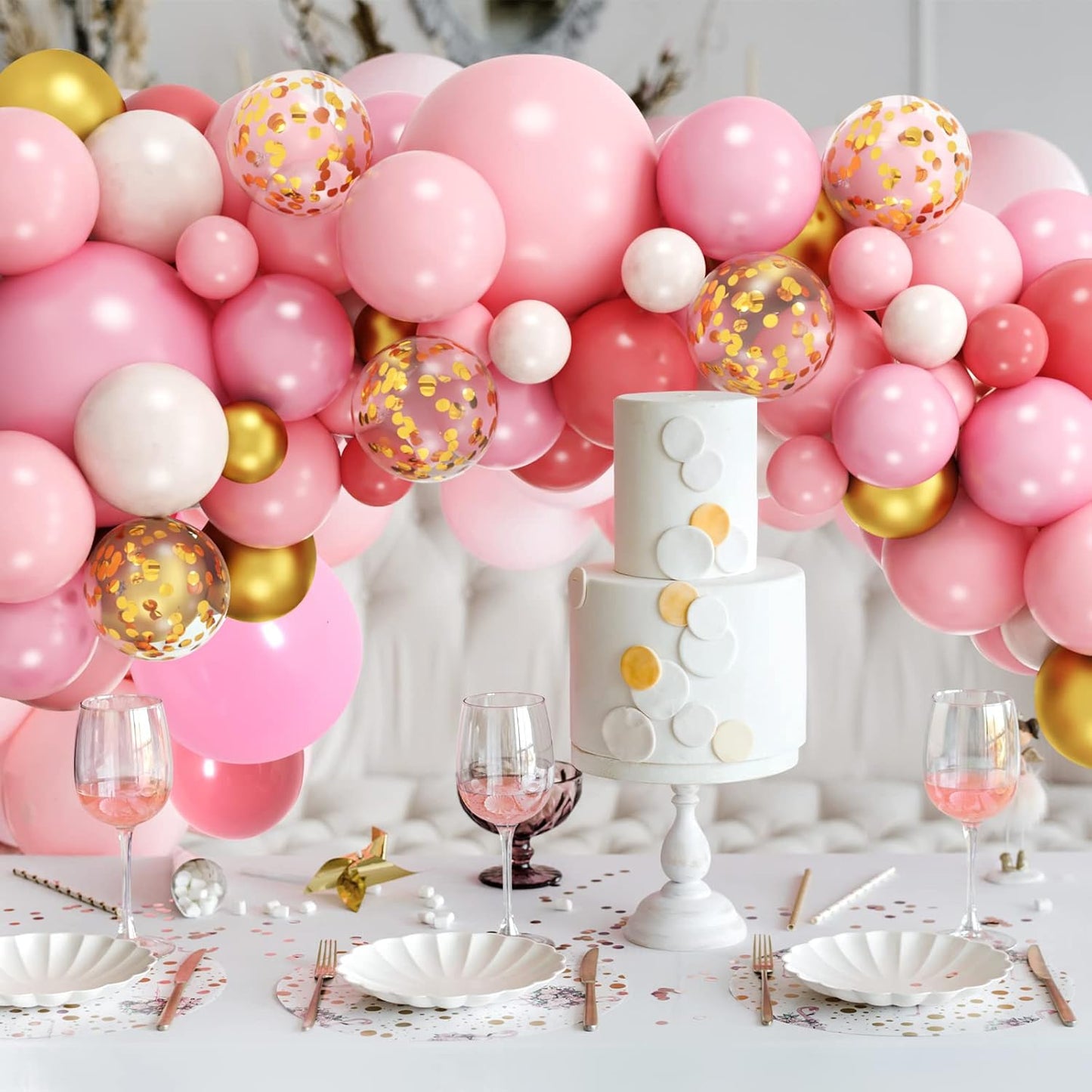 RUBFAC 159pcs Pink and Gold Balloon Arch Kit Pastel Pink White Gold Confetti Latex Helium Balloons for Confession Proposal Wedding Valentine's Day Girl Birthday Baby Shower Party Decorations