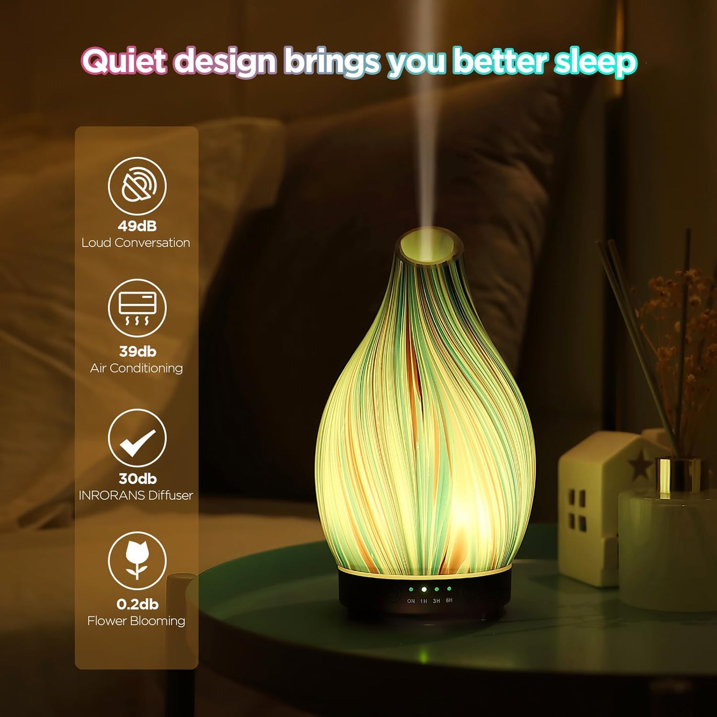 Essential Oil Diffuser Hand Blown Glass Aromatherapy Diffuser - Ultrasonic Cool Mist Scent Aroma Diffuser, Whisper Quiet with Auto Shut-Off, Timer Setting &7 Colors Night Light for Home