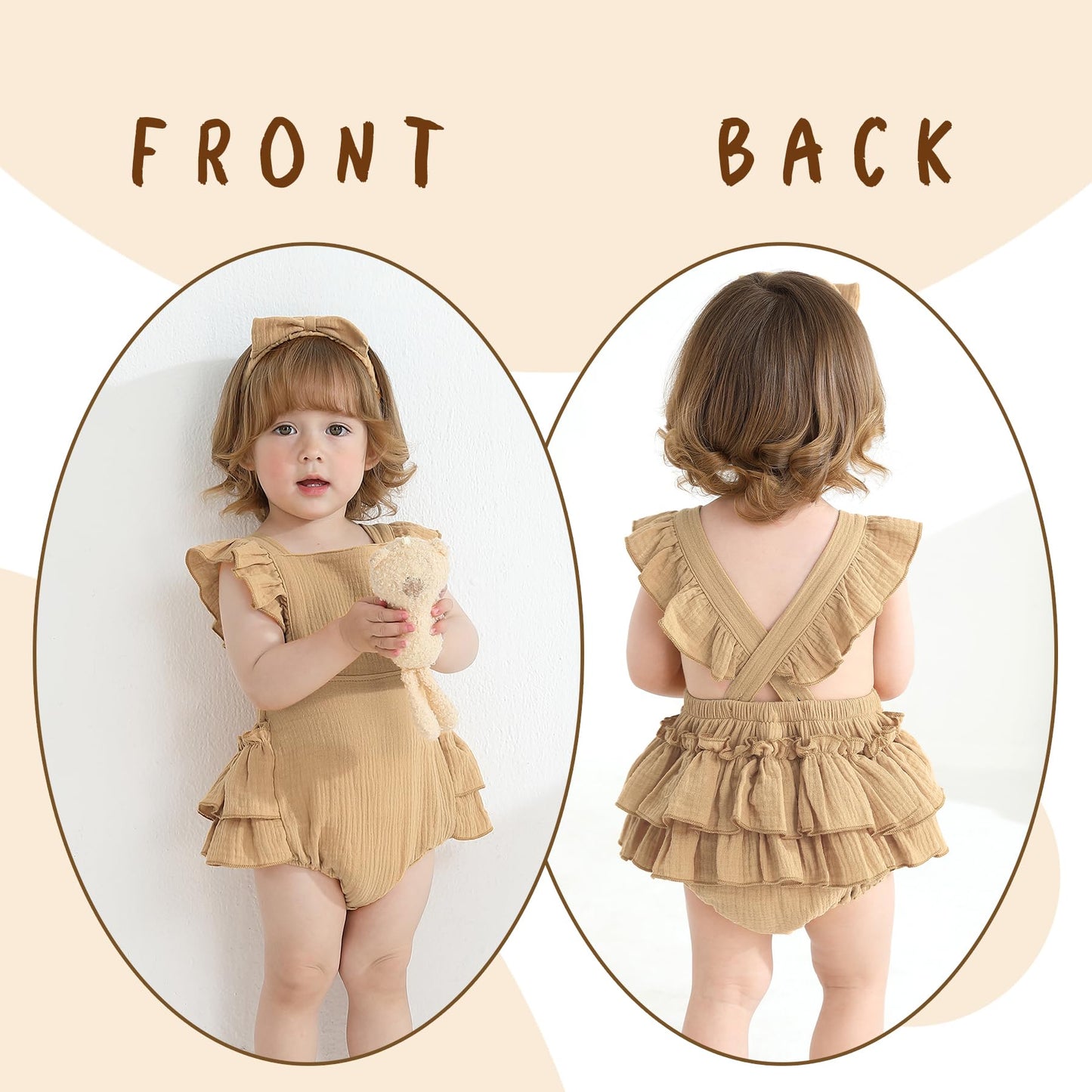 Happy Town Baby Girl Clothes Toddler Summer Linen Romper Sleeveless Ruffle Outfits Infant Girls Jumpsuit with Headband