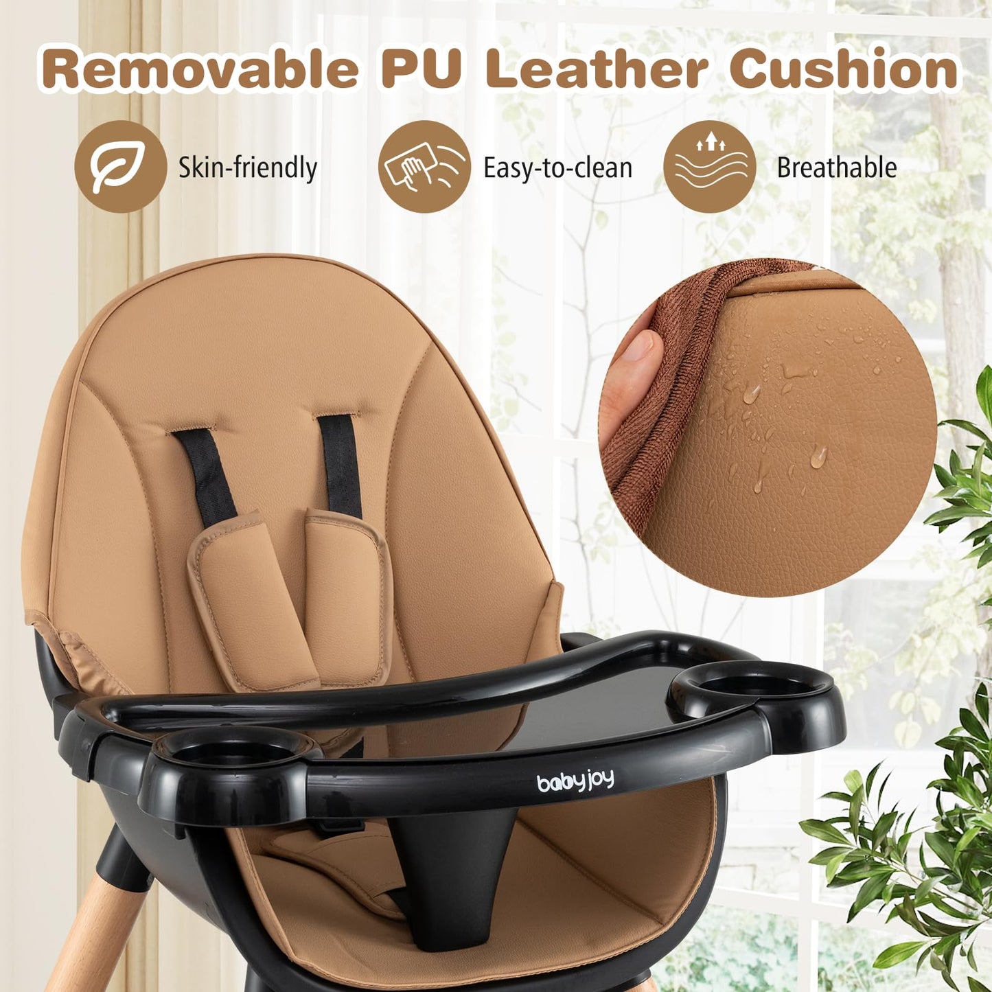 BABY JOY 6 in 1 High Chair, Convertible High Chairs for Babies and Toddlers/Booster Seat/Table and Chair Set, Infant Wooden Highchair w/ 5-Point Harness, 4-Position Removable Tray & PU Cushion, Coffee