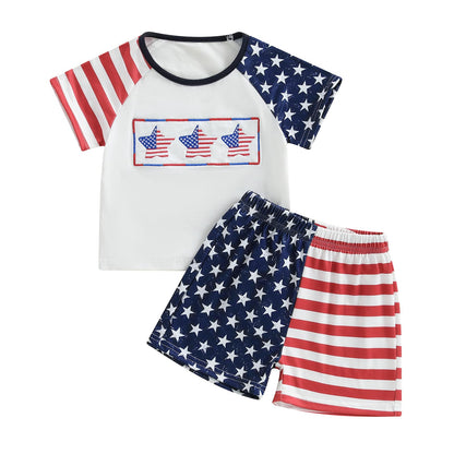 Toddler Baby Boy Summer Outfits Short Sleeve Embroidered T Shirt Tees + Striped/Plaid Shorts Infant Clothes Set
