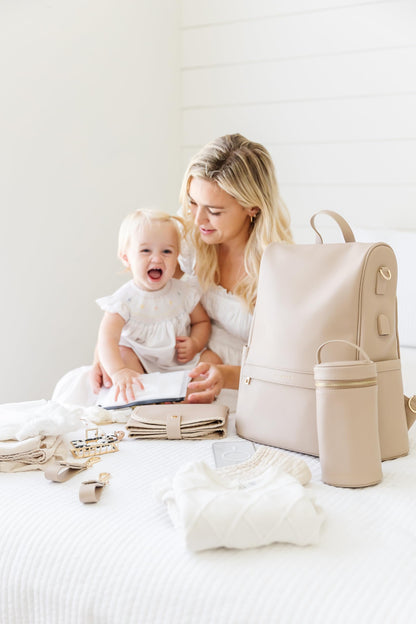 Leather Diaper Bag Backpack with USB Charging port, Changing Pad, Stroller Straps, and Bottle Holder (Brown Olivia)
