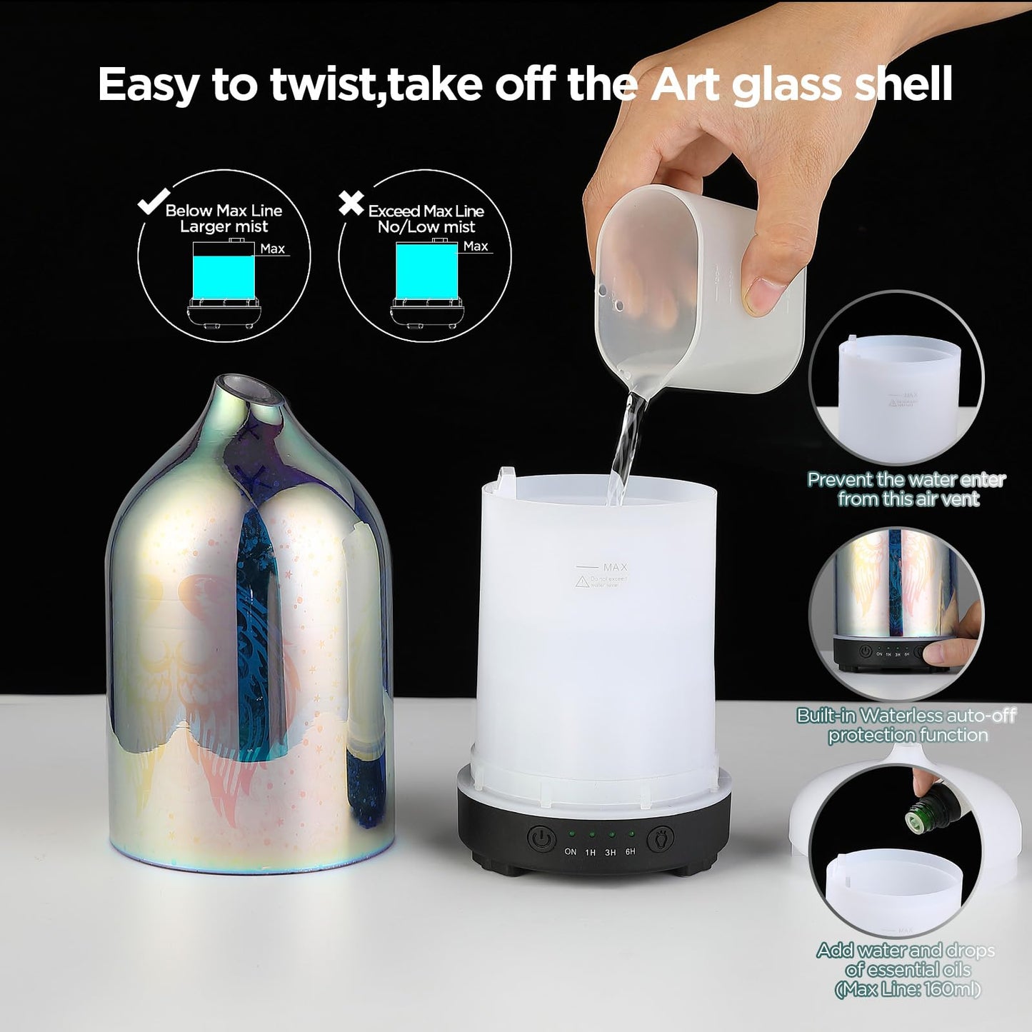 Essential Oil Diffuser Hand Blown Glass Aromatherapy Diffuser - Ultrasonic Cool Mist Scent Aroma Diffuser, Whisper Quiet with Auto Shut-Off, Timer Setting &7 Colors Night Light for Home