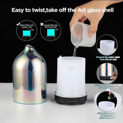 Essential Oil Diffuser Hand Blown Glass Aromatherapy Diffuser - Ultrasonic Cool Mist Scent Aroma Diffuser, Whisper Quiet with Auto Shut-Off, Timer Setting &7 Colors Night Light for Home