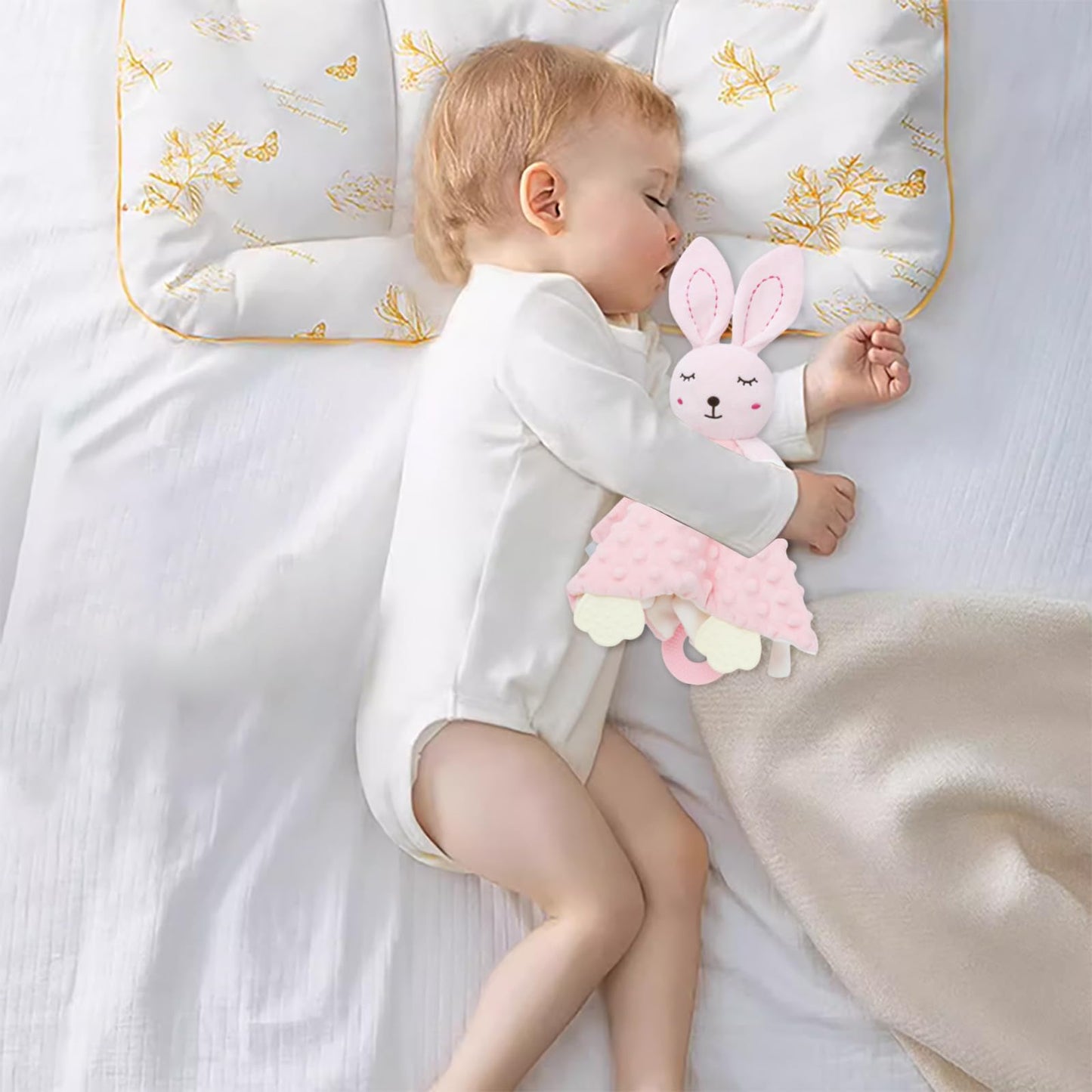 2025 6-in-1 Sensory Baby Security Blanket - Crinkle, Rattle & Teether, Machine-Washable Plush Lovey for Nursery/Stroller, Soft Cuddly Blanket Sleeping Animal for Babies and Toddlers (Grey)