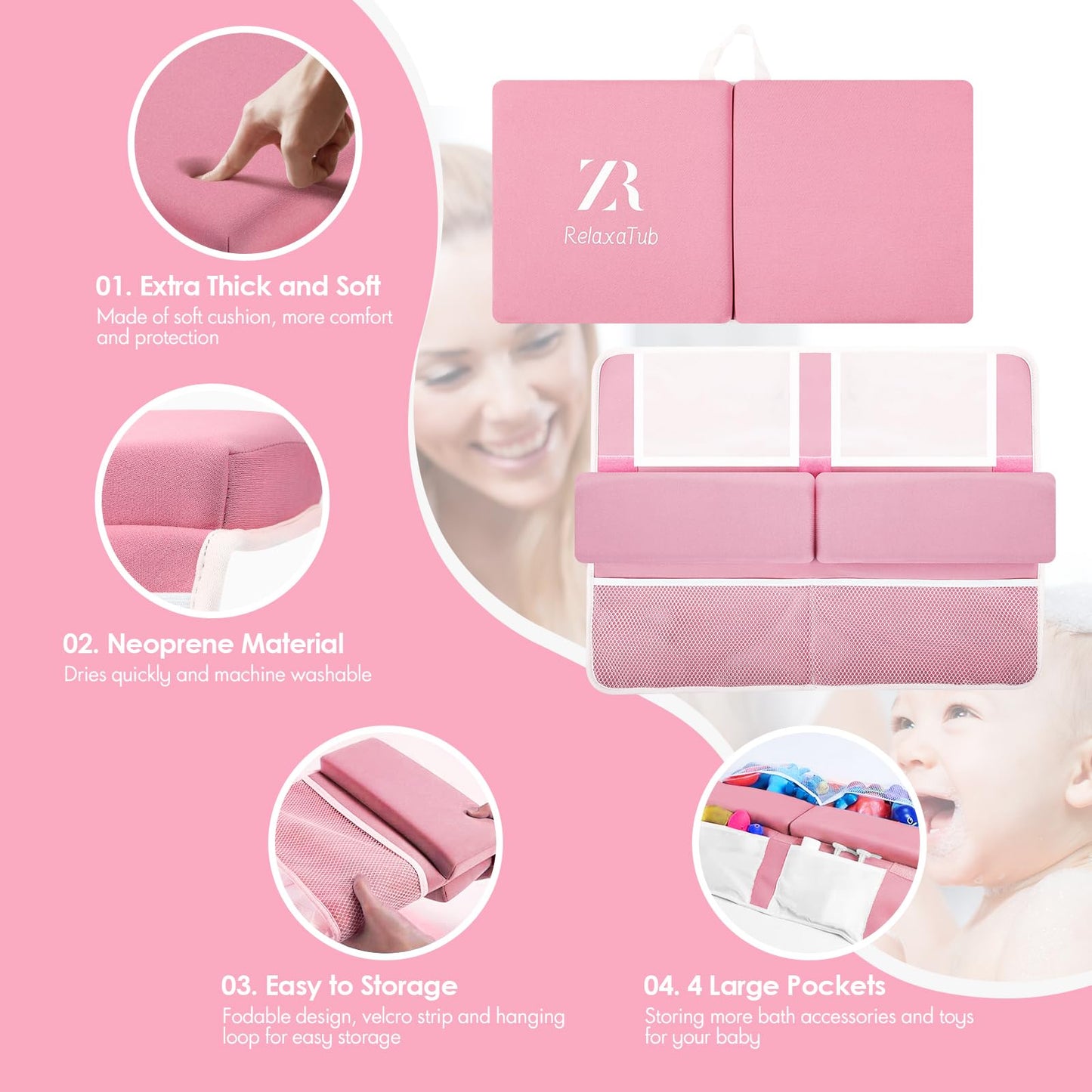 Bath Kneeler and Elbow Rest Pad Set - 2 inch Comfortable Thick Baby Bath Kneeler Pads, with Toy Organizer Pockets - Quick Drying, Foldable, Non-Slip for Baby and Toddler Bathing (Pink)